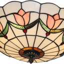 16 Inch Tiffany Style Stained Glass Ceiling Light Flush Mount Ceiling Light Vintage Chandeliers Pendent Light Fixtures (16 Inch Pink)