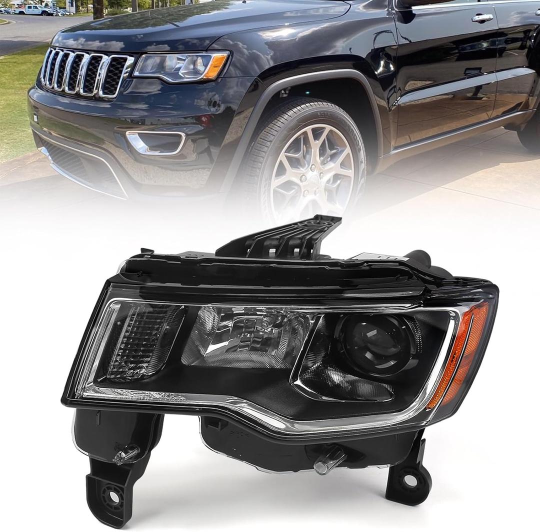 Huray Left Headlight Assembly for Jeep Grand Cherokee 2017-2021 Halogen Headlamp Chrome Housing OE Style Replacement for 68266646AD Driver Side