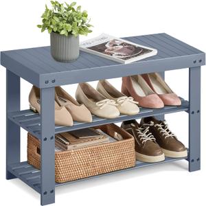 SONGMICS Shoe Rack Bench, 3-Tier Bamboo Shoe Storage Organizer, Entryway Bench, Holds Up to 286 lb, 11.3 x 27.6 x 17.8 Inches, for Entryway Bathroom Bedroom, Grey ULBS04GY