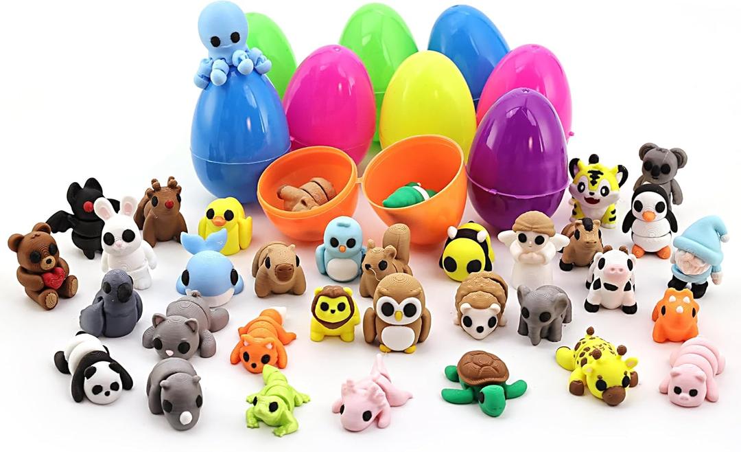 Easter Basket Stuffers 35pcs Easter Eggs Fillers with 3D Printed Articulated Animal Toys Basket Stuffers for Boys and Girls, Easter Egg Hunt, Goodie Bag Fillers, Classroom Prize Supplies, Party Games