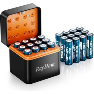24-Pack Rechargeable Lithium aa Batteries with Charger, 1.5V Constant Output, 3400mWh High Capacity, 12-Slot Double A Li-ion Charger with Smart Charging, Multiple Charging Protections