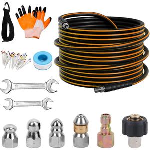 50FT Sewer Jetter Kit for Pressure Washer, 5800PSI Drain Cleaner Hose 1/4 Inch NPT Corner Rotating and Button Nose Sewer Jetting Nozzle Spanner Watertight Tape Pearl Corsage Pin Handle Strap (Orange)