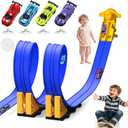 Flex Race Track 16 Ft with Start Gate Accessories Compatible with Diecast 1/64th Cars, Flexible Car Track Toys for Ages 3+ Kids Toddlers Roll Out Portable Racetrack (Blue)