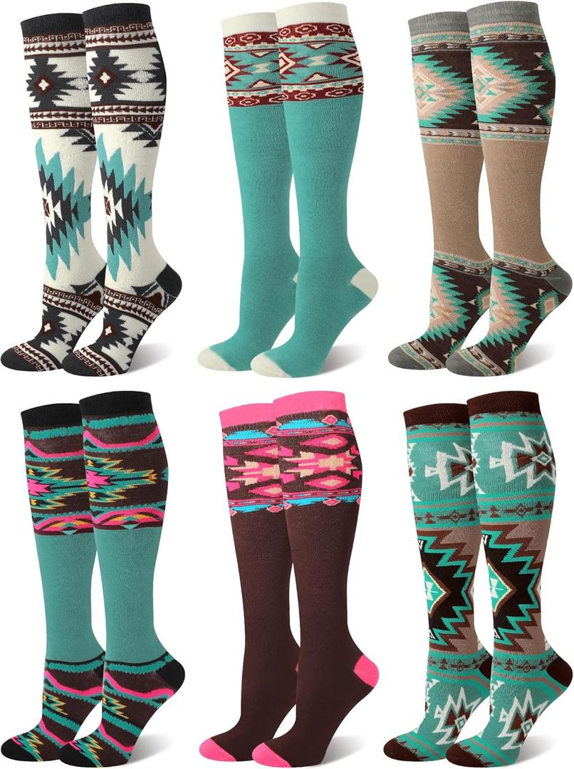 6 Pairs Cowgirl Boot Socks Western Aztec Cowboy Knee High Sock for Women Western Outfits Accessories Christmas Gift