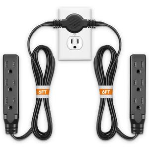 Twin Extension Cord Power Strip - 12FT Dual Extension with Flat Wall Plug, Split Extension Cord with Multiple Outlets,Double Head Outlet for Behind Bed, Couch,Indoor Flush Design(Black)