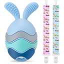 Easter Egg Bunny Baby Teether for Easter Basket Stuffers, Rabbit Egg Rattle Toy Teething for Easter Basket Essentials Infant Boys & Girls First Gifts with 2 Packs Easter Egg Pacifier Clip, 3 Months+ Pack of 3