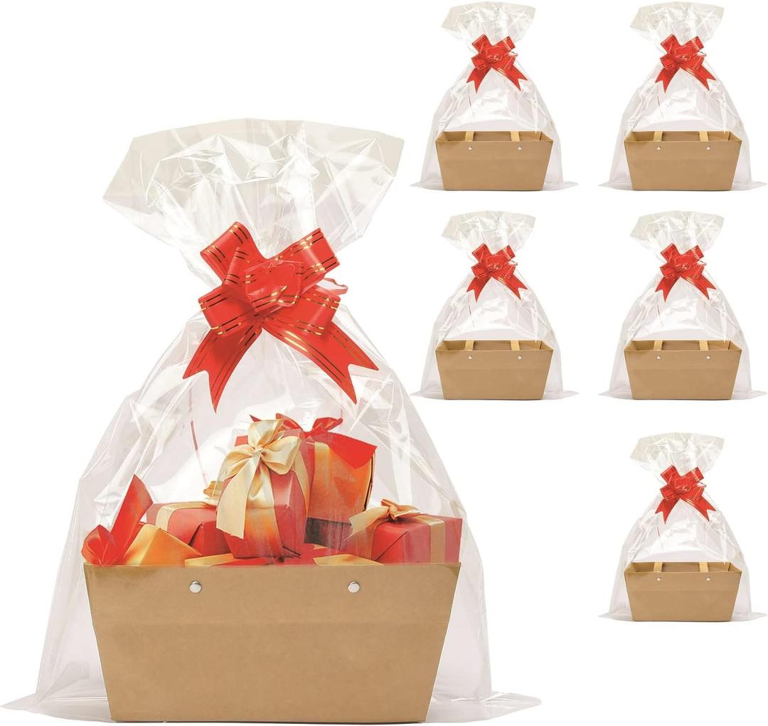 Kraft Empty Gift Baskets Kit - 5 Baskets, 5 Bags, 5 Bows - For Wedding, Birthday, Party, Holiday (Brown)