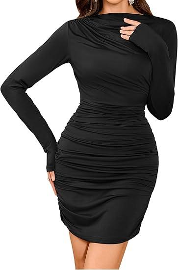 ZAFUL Womens Sexy Ruched Bodycon Mini Dress Long Sleeve Boat Neck Wedding Guest Club Party Dresses, M