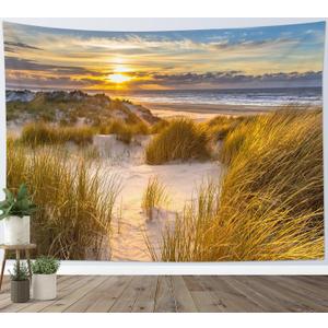 HVEST Ocean Beach Tapestry Wall Hanging, Seaside Grass and Sunrise Sunset Wall Decor, Nature Landscape Tapestry for Living Room Bedroom Aesthetic Decor, 40L x 60W Inches (Orange)