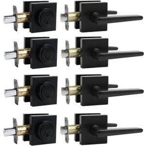 Door Locks For Front Door And Deadbolt Set, Exterior Door Lock Set With Deadbolt, Square Deadbolt Lock And Door Knob Set,Heavy Duty Entry Door Handle With Single Cylinder Deadbolt, (Matte Black 4Pack)