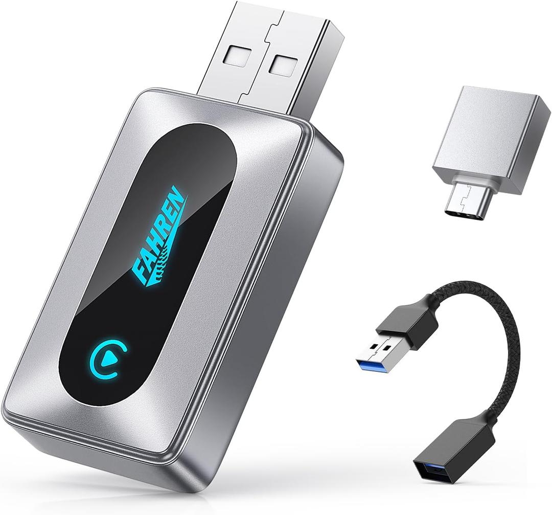 FAHREN 2025 Upgraded Wireless CarPlay Adapter for iPhone,Bluetooth & WiFi Connection,Compatible with iOS 10+ & car from 2017,No Lag,Includes Type-C Adapter & Extension Cable USB A.