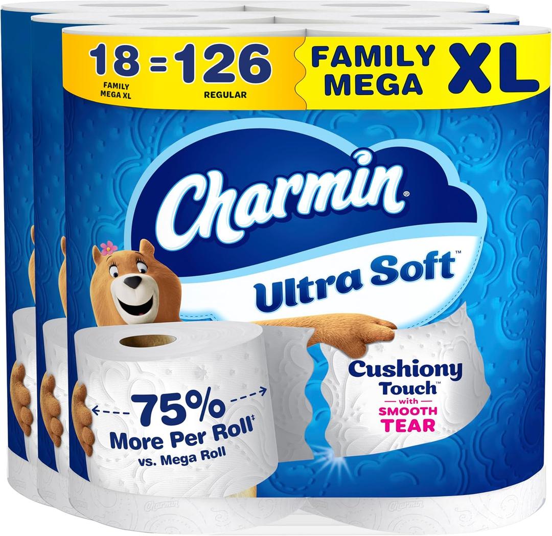 Charmin Ultra Soft Cushiony Touch Toilet Paper, 18 Family Mega XL = 126 Regular Rolls, 2-Ply, White, Pack of 3