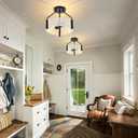 Boho Wood Bead Chandelier 13 Black Semi Flush Mount Ceiling Light Fixture Rustic Mini Modern Drum Chandelier for Bedroom Dining Room Entryway Hallway, 2-Light, UL Listed