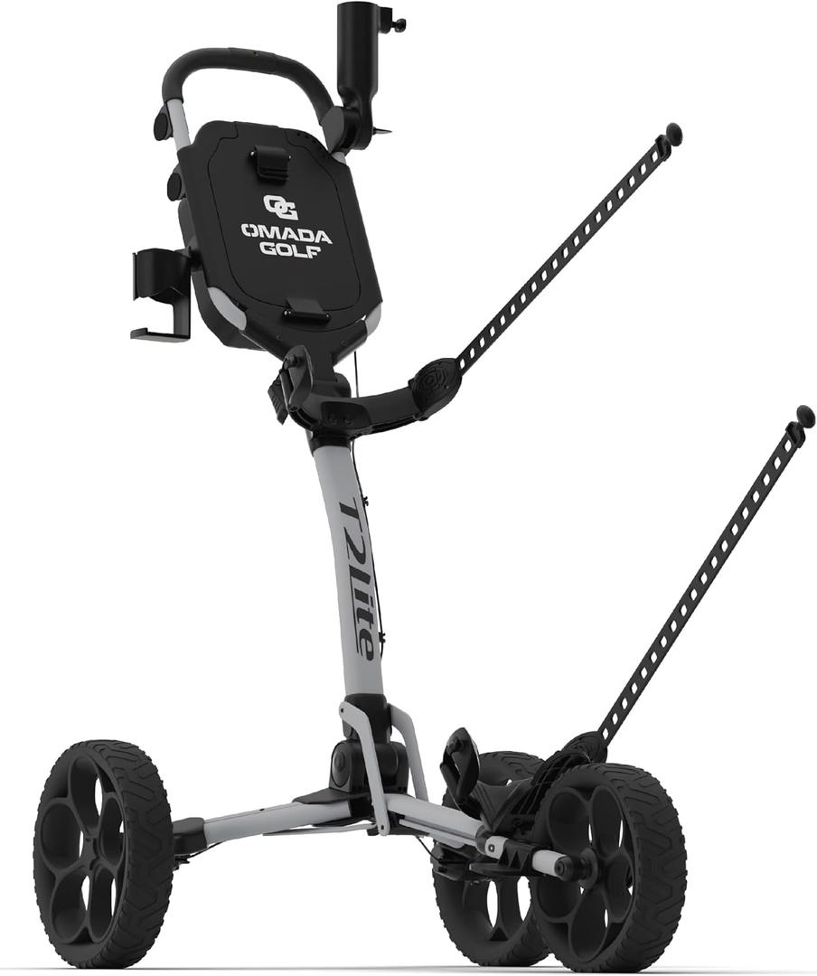 T2Lite Golf Push Cart | Lightweight, Ultra-Compact Folding Golf Cart | Large All Terrain Wheels | Umbrella Holder Included | Deep Storage Console | Adjustable Handle, Handbrake + Cup Holder