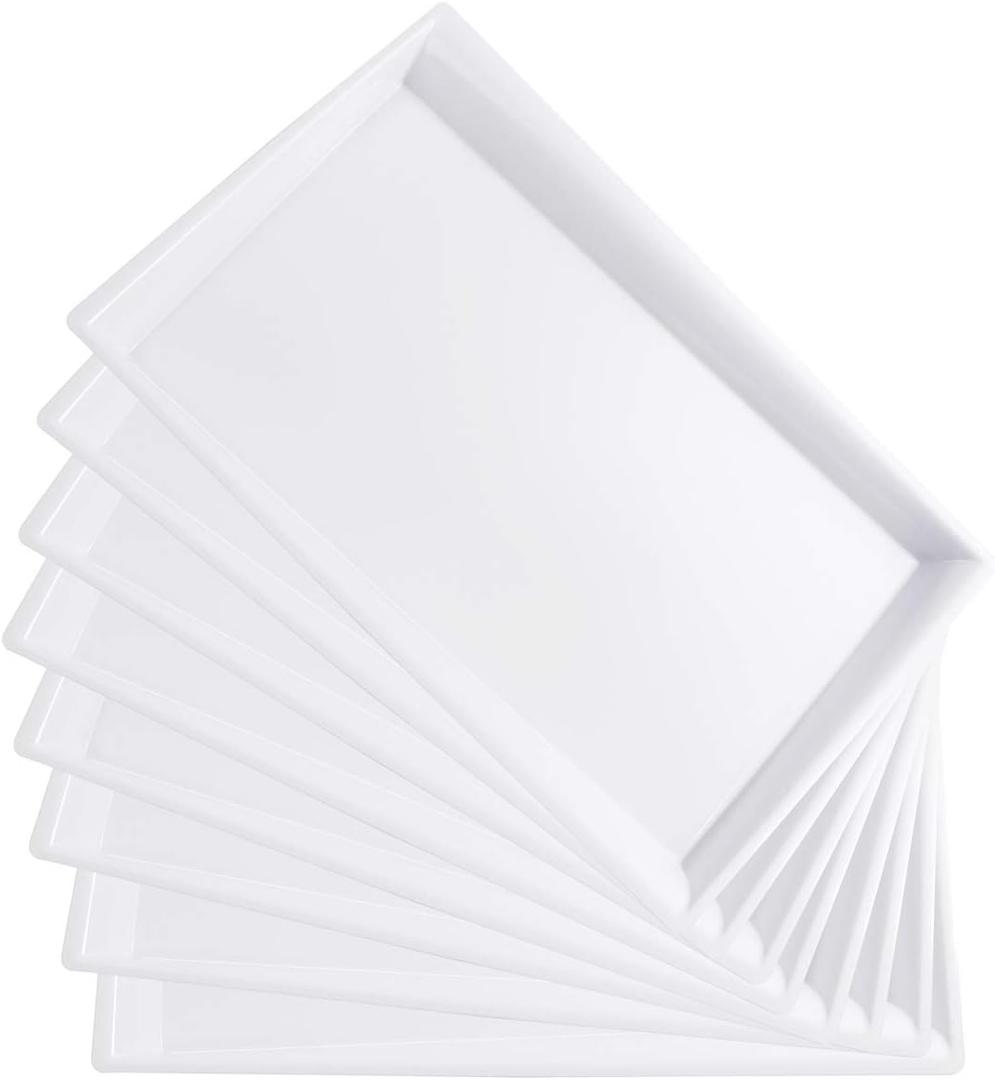 I00000 8 Pack White Plastic Serving Tray, 15" x 10" Rectangle Food Trays, Disposable Serving Platter for Parties, Internal Inclined Design Perfect for Weddings and Party