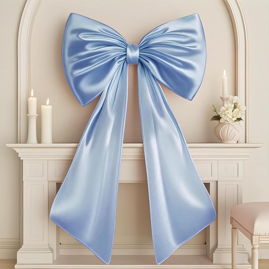 Big Blue Bow Room Decor 40x24 in Large Baby Blue Coquette Decorations for Party, Giant Ribbon Tie as Something Blue for The Bride on Wedding Backdrop Wall Decor (Internal Stability Layer) (Blue -Satin-cardboardframe)