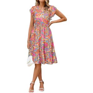 Glamaker Floral Tiered Midi Sundress Casual Summer V Neck Flutter Sleeve Striped Sun Dress with Pockets (Medium, B-orange Floral)