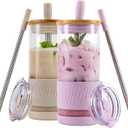 Pandaloo Glass Cups With Lids and Straws -20 Fl Oz- Perfect Size Iced Coffee Cup - Smoothie Cup With Bamboo Lid and On the go Lid - Glass Tumbler (2 Count (Pack of 1), Lilac-Creamy Mushroom)