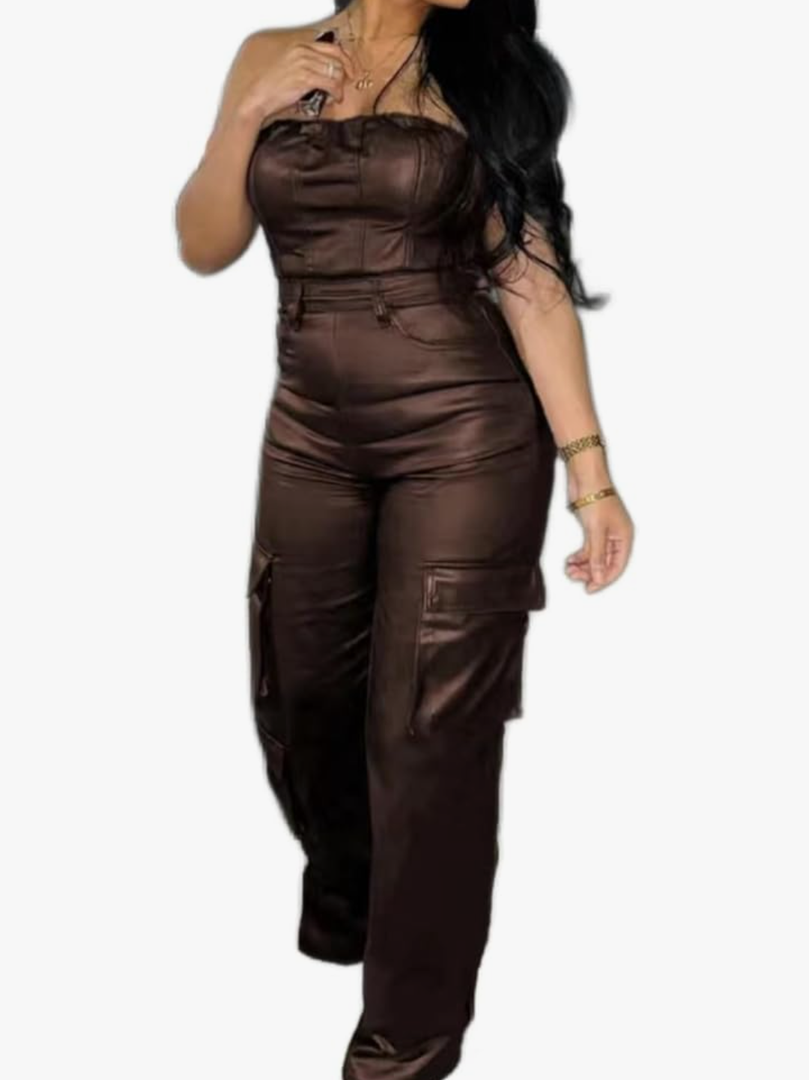 Womens PU Leather Jumpsuit Sexy Off the Shoulder Top Tight Waist Cargo Pants Bodysuit
L