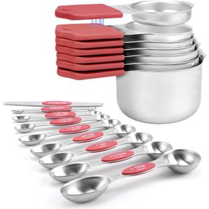 Magnetic Measuring Cups and Spoons Set-Heavy Duty 304 Stainless SteelDouble Measurement MarkingsSet of 16 with Leveler for Measure Dry and Liquid Ingredients (Red)