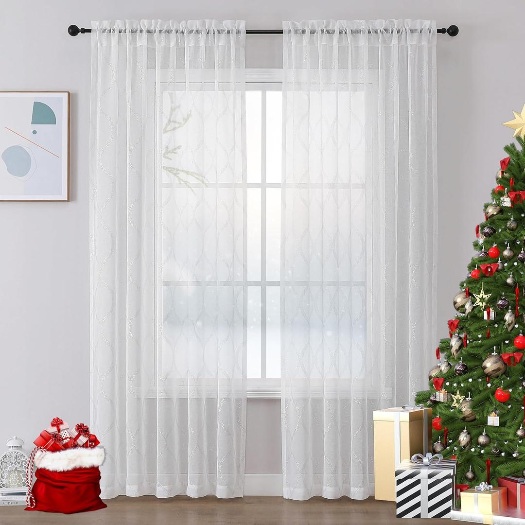MISS SELECTEX White Silver Sheer Curtains for Bedroom - Sparkle Sheer Curtains 63 Inch Length Moroccan Damask Linen Look Rod Pocket Light Filtering Semi Sheer Window Curtains, 52 x 63 Inch, 2 Panels