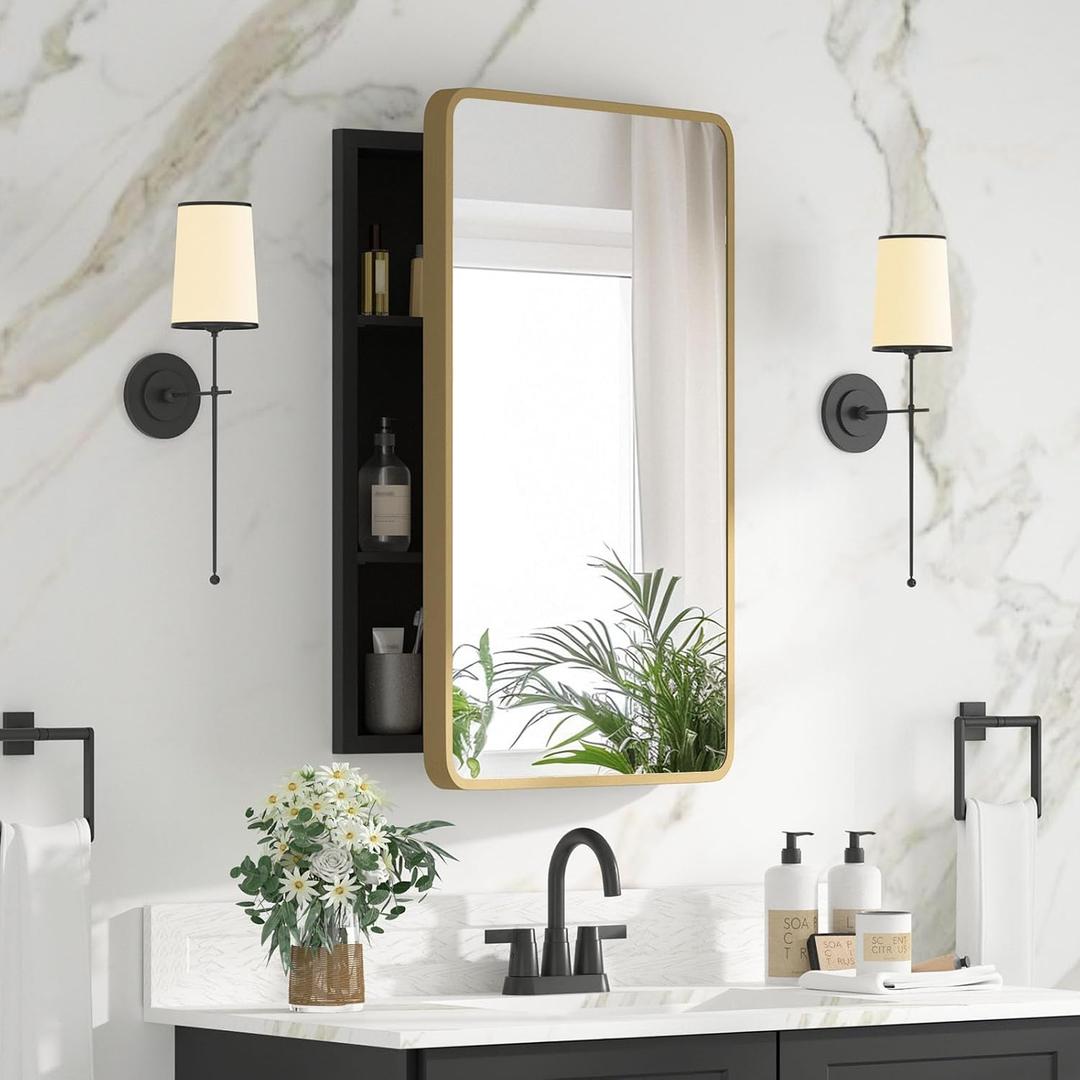 Bathroom Medicine Cabinet with Mirror 16 x 24 Inch, Brush Gold Medicine Cabinet Recessed or Surface Wall-Mounted, Mirrored Cabinets with 2 Adjustable Shelves for Bathroom Vanity