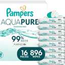 Pampers Aqua Pure Baby Wipes, Unscented, Fragrance Free, 99% Water, Water Based, Multi-Use, 896 Wipes Total (16X Flip-Top Packs)