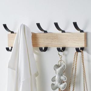 KooNiosio Solid Wood Wall Hanging Coat Rack, Entrance Hanger, Metal Wood Coat Hanger with 5 Black Aluminum Hooks for Scarf, Bag, Towel, Key, Umbrella, Hat, Oak (Black)