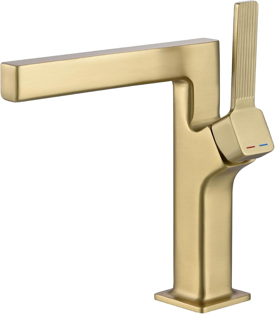 Brushed Gold Single Hole Bathroom Sink FaucetBasin MixerWaterfall Single Handle Lavatory Faucet Including 2 Supply Lines for Restroom Guestroom RV Sink Vanity