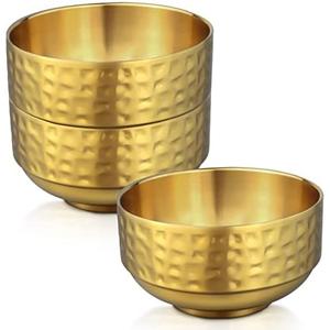 3 Pcs 4.5 In Gold 304 Stainless Steel Bowls Small, 13Oz Double Walled Soup Bowls, Thick Non Slip Appetizer Snack Bowls, Small Metal Serving Bowls for Sauces, Rice, Noodles, Ice Cream, Oat (3 pcs)