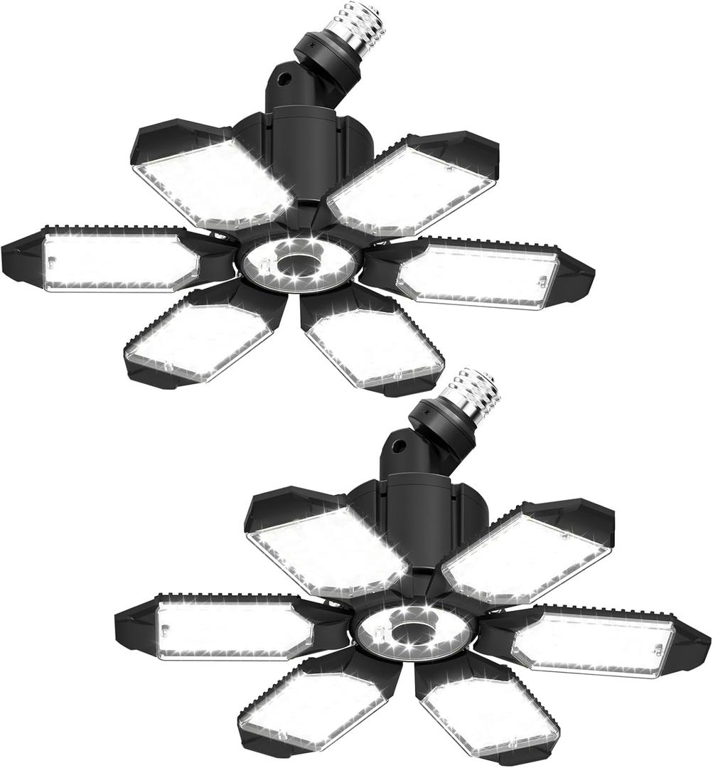 LED Garage Light 2 Pack Super Bright 15000LM LED Shop Ceiling Lights 6500K Garage Lighting, 360&180 Adjustable Basement Lights with 6 Deformable Panels Screw in E26 E27 Socket for Storage Barn Attic
