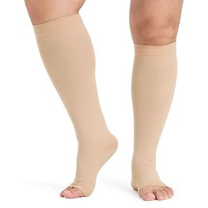 Pack Of 2 KEKING® Extra Wide Calf Compression Socks for Men & Women, 20-30 mmHg Compression Stockings Open Toe - Plus Size Knee High Support Hose for Varicose Veins, Pain Relief, Swelling, Beige S