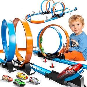 LILYBUDS Toy Car Track Gift Set for Boys Kids Age 3-5 4-7 8-12, Long Race Tracks with 4 Action Loops and 4 High-Speed Slot Die-Cast Race Cars, 35+ Pieces Race Tracks to Create Multiple Configurations