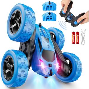 Remote Control Car, RC Cars Toys for Kids Ages 6-12, 4WD Stunt Car with LED Lights & 360 Flips, 2.4GHz, Upgraded USB-C Modular Batteries, 8-10 Year Old Boys 1-Blue 