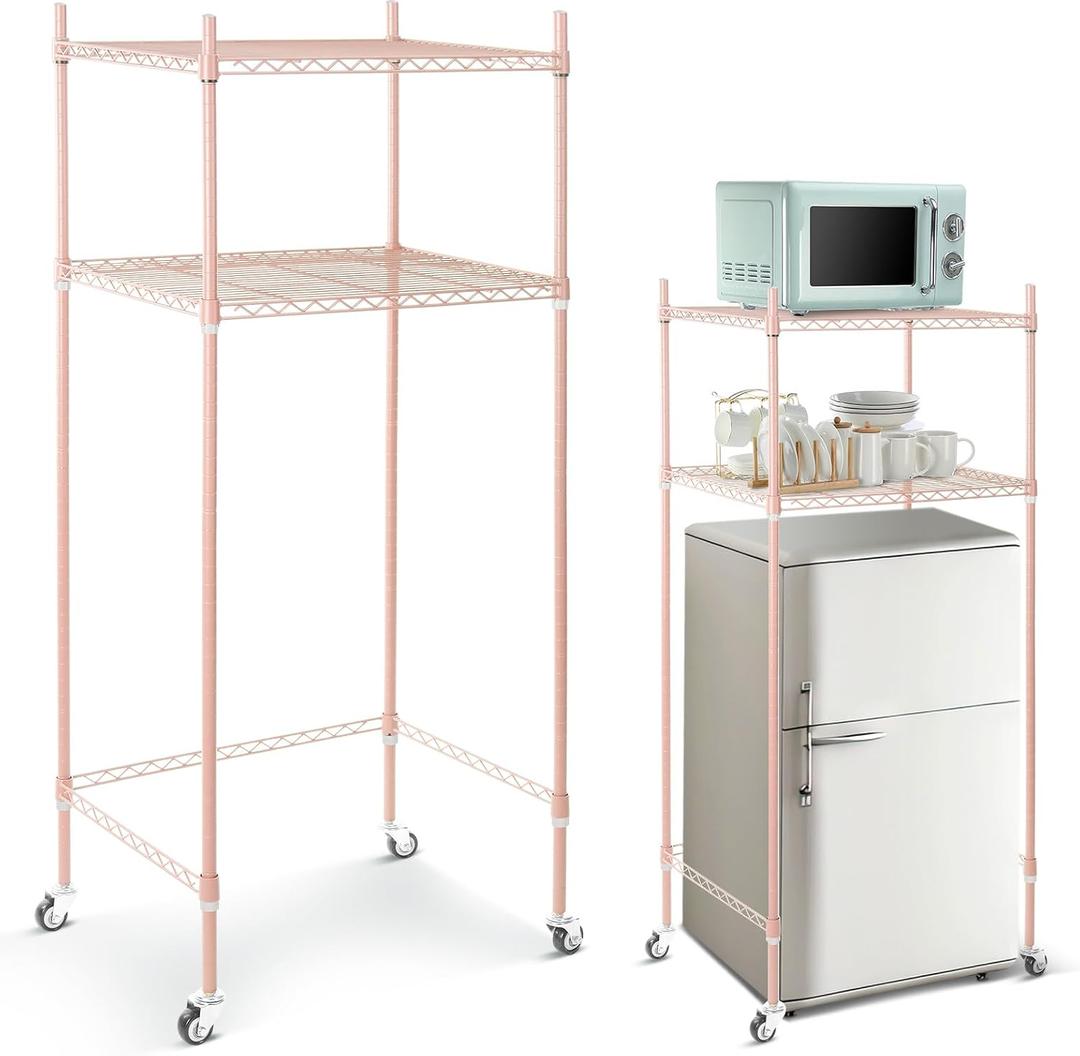Tandefio 2 Tier Mini Fridge Stand with Storage for Dorm Microwave Stand Over Mini Fridge Storage Shelf with Wheels Adjustable Height Organizer for Kitchen College Rooms Pantry(Pink), 51.97 x 23.62 inches/ 132 x 60 cm