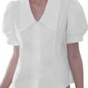 Women's Short Sleeve Button Down Shirt, Deep Collar Puff Sleeves Blouse, Pleated Waist Top for Casual & Office Wear (White, L)