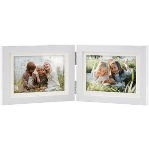 Hinged Double 5x7 Picture Frame, Tempered Glass, for Tabletop Display or Wall Mounted, Fits 4x6 Photos with Mat, Matte White, For Family Photos & Wedding Memories-B75X2