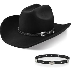 100% Wool Western Cowboy Hat for Men Women Classic Fedora Hat Felt Cowgirls Hats with Two Decorative Bands (Large-X-Large)