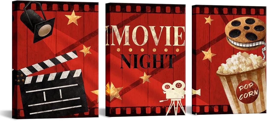Apicoture Home Theater Wall Decor Movie Night Sign Canvas Wall Art Prints Movie Film Reels Popcorn Lamplight Painting Prints Media Room Home Cinema Wall Framed 12"x16"x3 Pieces