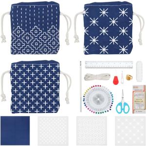 INFUNLY 3 Set Sashiko Drawstring Bag Kits Sashiko DIY Tote Bag Kit Flower Sashiko Fabric Kit for Beginners Make Your Own Tote Bag with Thread Needles Hand Sewing Set for Adults