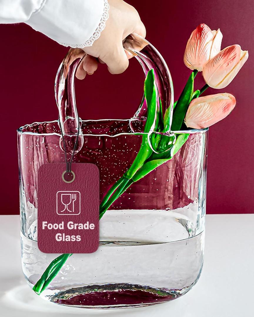 OLEEK Purse vases for Flowers (Handmade) Glass Bag vase -10 Inches- Blue for centerpieces & Fish Bowl - Handbag Unique Flower vase Decorative - Glass Handbag vases for Cute Room Decor