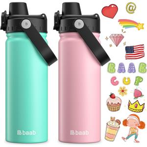 baab 18oz Kids Water Bottle, Insulated Kids Water Bottle with Lockable Spout Lid & Stickers, 18/8 Stainless Steel Vacuum Leakproof Kid Water Cup with Handle for School (Pink+Mint Green, 2 Pack)