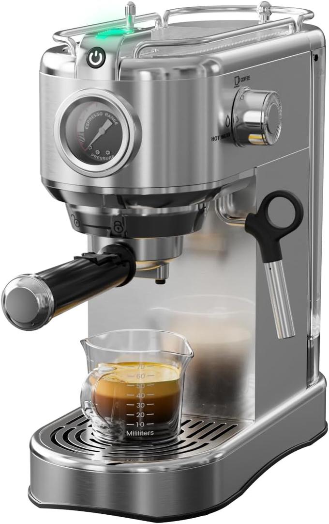 Jassy CAFE Espresso Machine 20 Bar, Compact Espresso Maker, Stainless Steel Expresso Coffee Machines with Steam Milk Frother & 34oz Removable Water Tank for Home, Cappuccino Machine, Great Gift