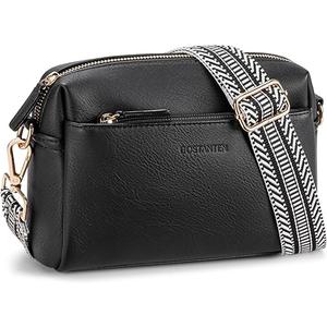 BOSTANTEN Crossbody Purse for Women Triple Zip Cell Phone Leather Handbag with Colored Shoulder Strap, Blac