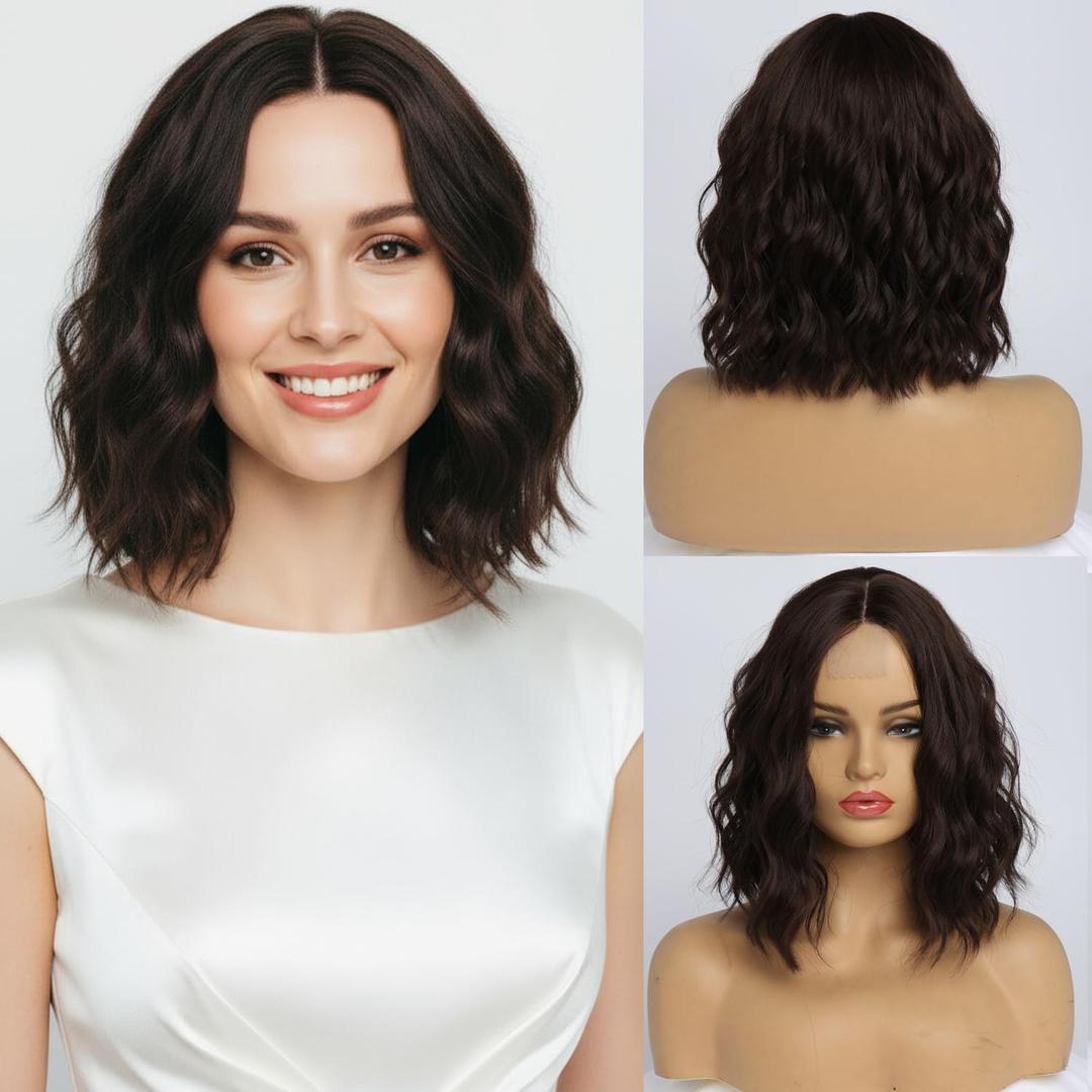 simkaylee Dark Brown Wavy Wigs for Women 14 Inch Short Shoulder Length Middle Part Curly Wavy Bob Wig Natural Looking Synthetic Heat Resistant Fiber Wig for Daily Party Use
