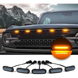 5 Pcs Front LED Grill Lights Compatible with Ford Bronco Accessories 2021 2022 2023 2024 2025 2/4 Door Badlands Wildtrak Everglades & Stroppe Edition (Amber Light with Black Shell)
