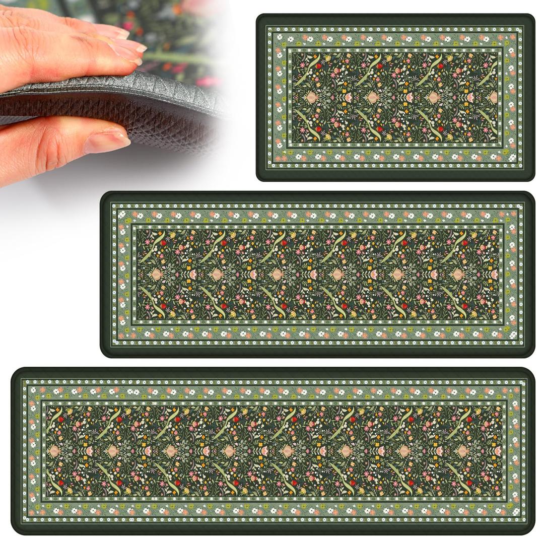 Dunzy 3 Pcs Anti Fatigue Mats for Kitchen Floor, Vintage Floral Cushioned Kitchen Mats, Green Memory Foam Non Slip Waterproof Standing Rug Set for Laundry Home, 17" x 29" 17" x 47" 17" x 59"(Vintage)