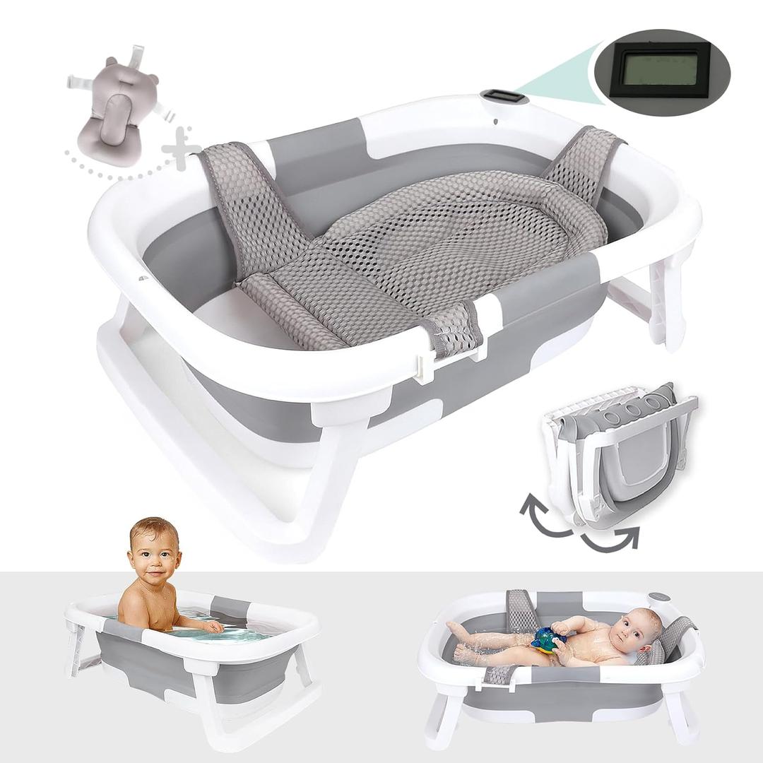 BEBELEH Collapsible Baby Bathtub with Thermometer Bathtub + Baby tub Sling + Newborn Sling Baby Bathtub Newborn to Toddler 0-24 Months The Ultimate Baby Bath Tub! (with Thermometer,Gray)