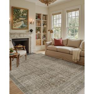 Color&Geometry 4x6 Machine Washable Low Pile Small Area Rugs for Living Room, Thin Soft Bohemian - Vintage Area Carpet with Non Slip TPE Backing for Bedroom, Dining Room, Beige and Brown