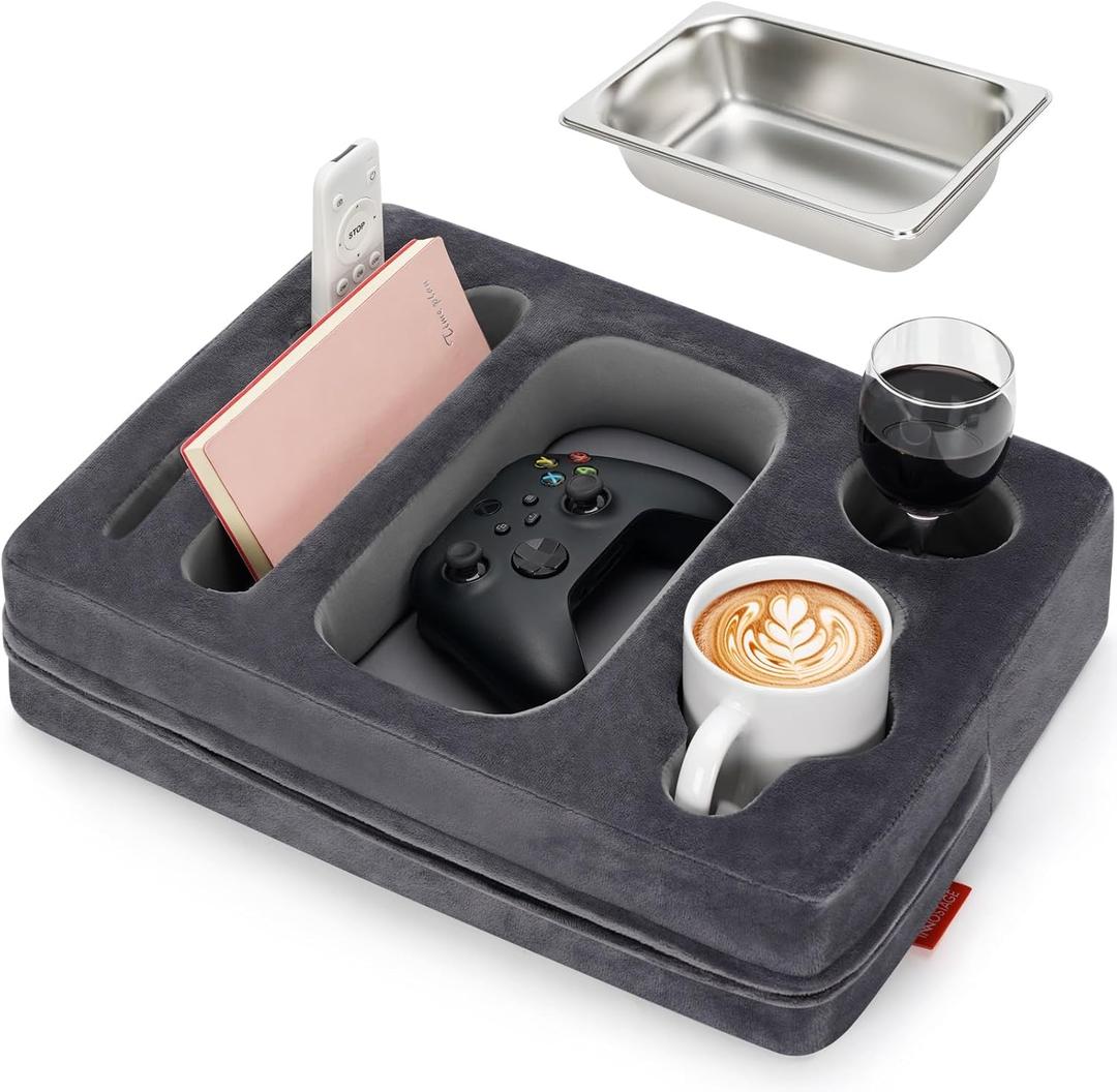 Couch Cup Holder Pillow - Sofa Cup Holder with Stainless Steel Bowl Couch Drink Caddy Remote Snacks Cozy Mug Cupholder Buddy for Bed, Car, Man Cave, Rv, Tv, Backseat (Grey) (15.5 x 11.3 inch)